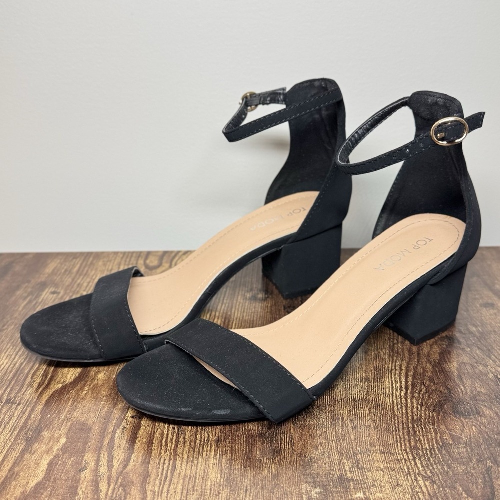 Top Moda Women's Block Heel Black Kitten Heel Ankle Strap Chunky Faux Suede 7.5